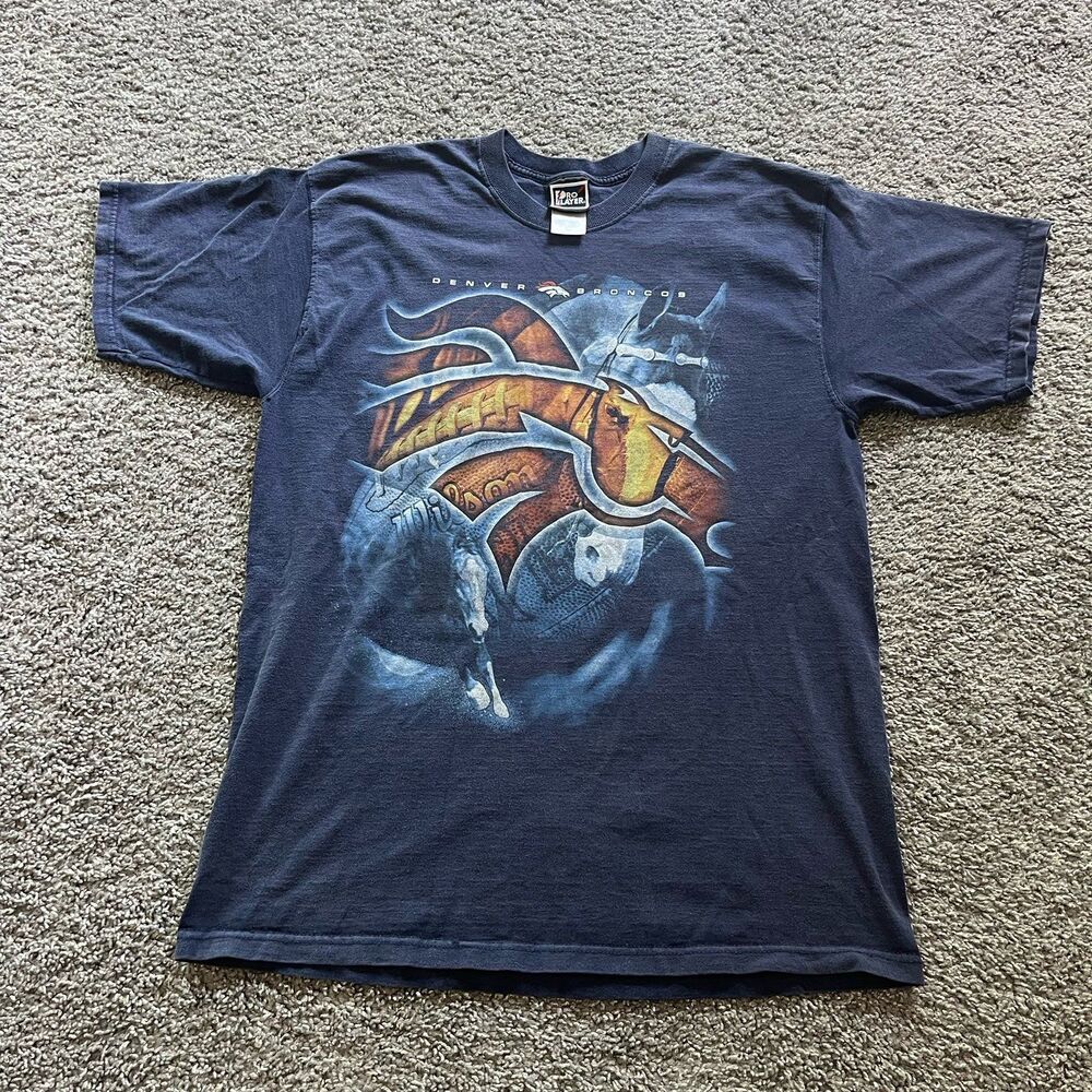 Vintage 90s Pro Player Denver Broncos T Shirt NFL Football Blue Size Large